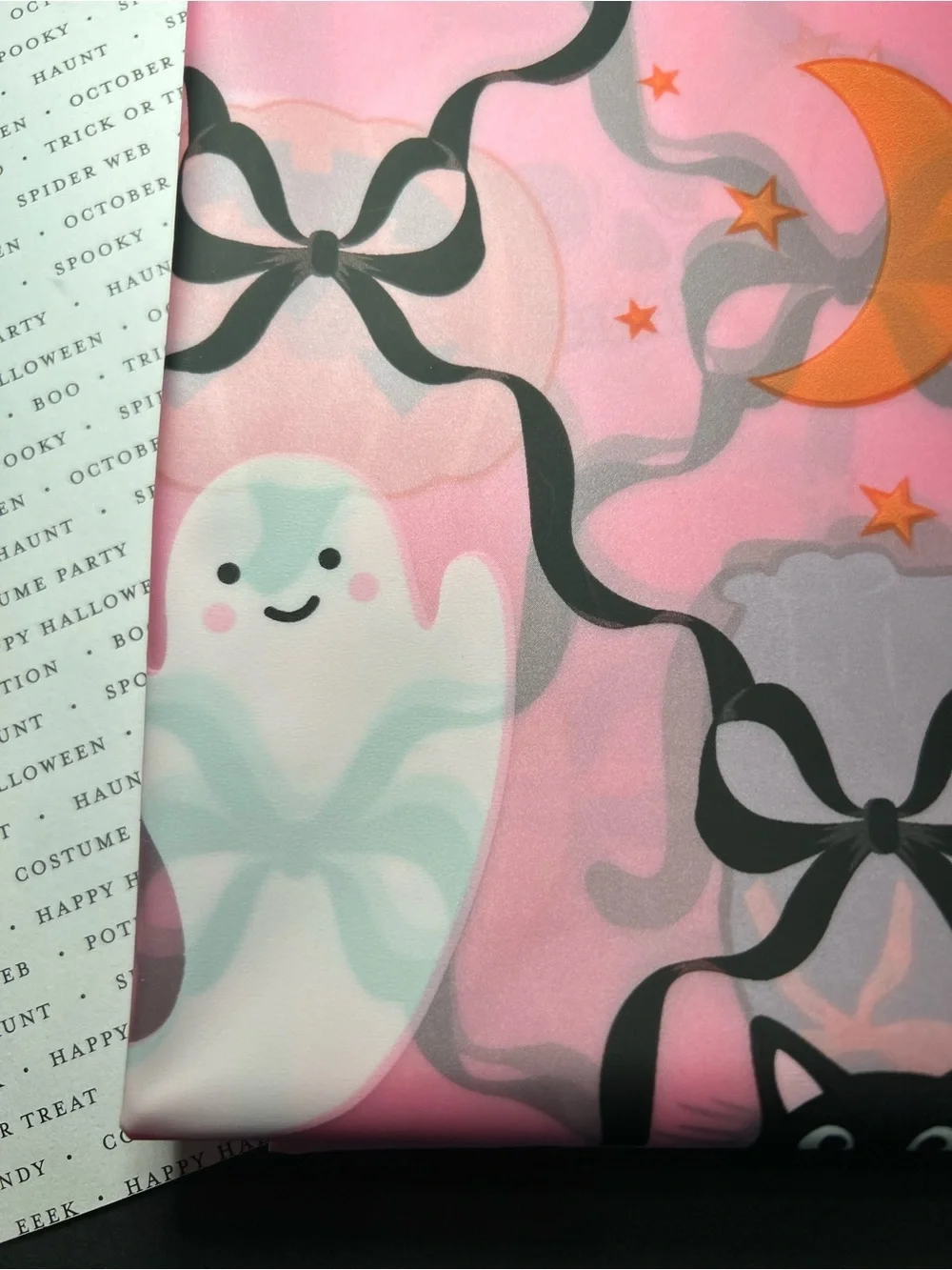 Pink Halloween Peva Shower Curtain Black Ribbon Bows Ghost Pumpkin Cat Witch Hat